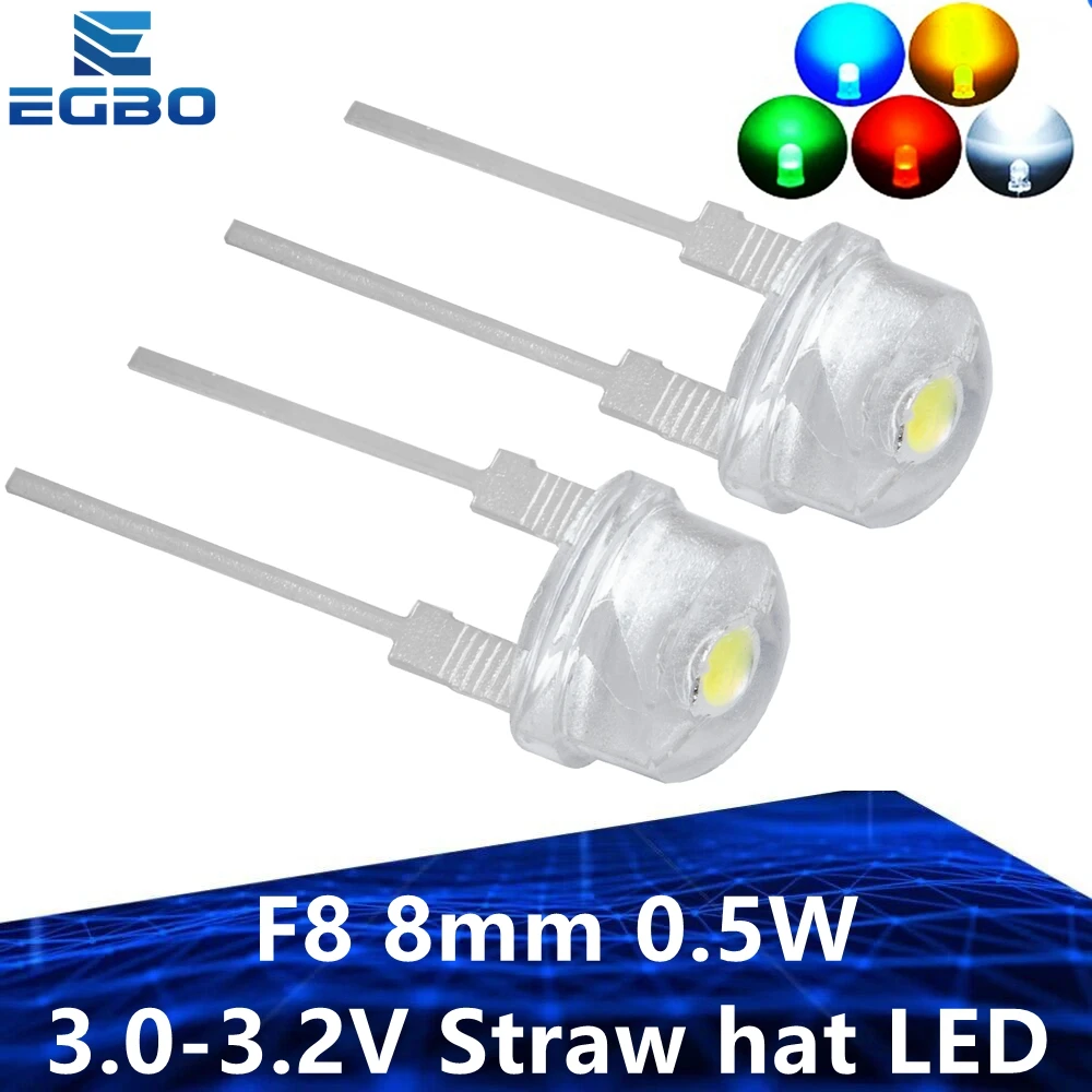 100PCS Super Bright F8 8mm 0.5W 3.0 - 3.2V Straw Hat LED - Wide Angle Transparent White LED Lamp for Maximum Illumination