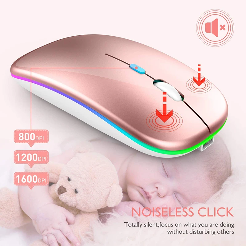 Rechargeable Bluetooth5.1 Wireless Mouse with 2.4GHz USB 1600DPI Mouse for Computer Laptop Tablet PC Macbook Gaming Mouse Gamer