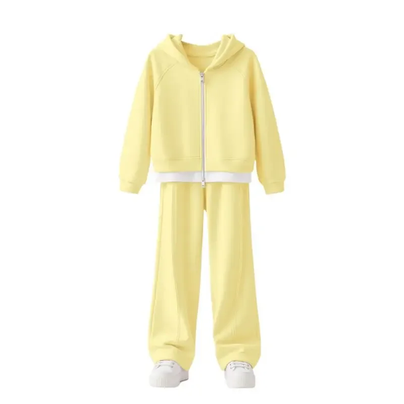 

Детский повседневный укороченный комплект с капюшоном для девочек, дышащая одинаковая одежда на молнии спереди и брюки, повседневная спортивная одежда