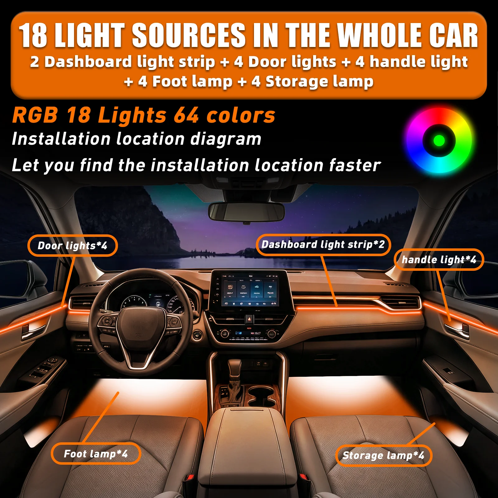 FOR TOYOTA Sienna 2014-2018 YEAR RGB 18 Lights car ambient light kit three row brightness memory soft diffuse no dark zone under over voltage protection full cabin one touch control decorative kit