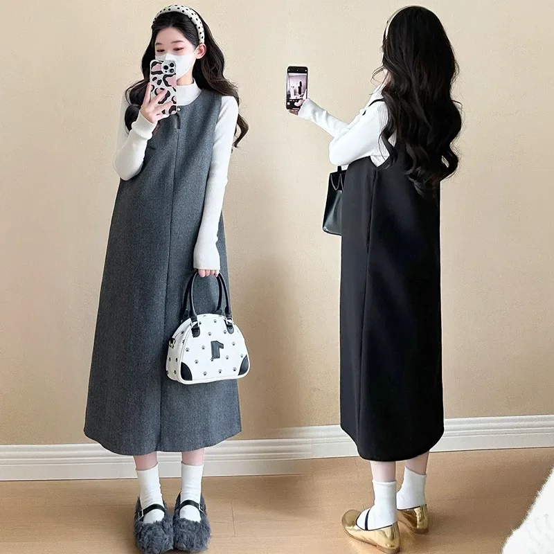 Vestido sin mangas de otoño para Mujer, ropa de calle Harajuku sencilla y lisa, Vestidos de punto holgados e informales para Mujer, camisetas sin mangas elegantes