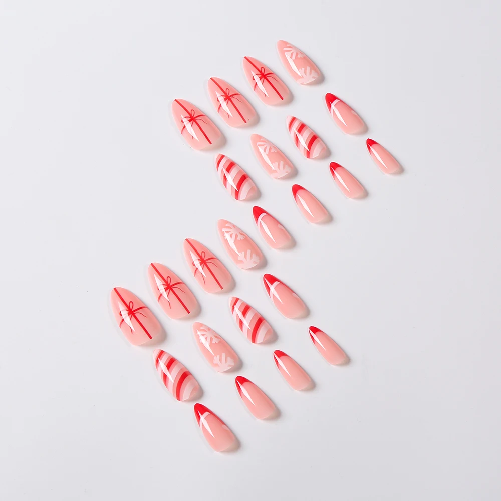 24 unids/set Navidad almendra prensa en uñas brillante raya roja y blanca sombrero de Navidad copo de nieve blanco uñas postizas Festival uñas postizas