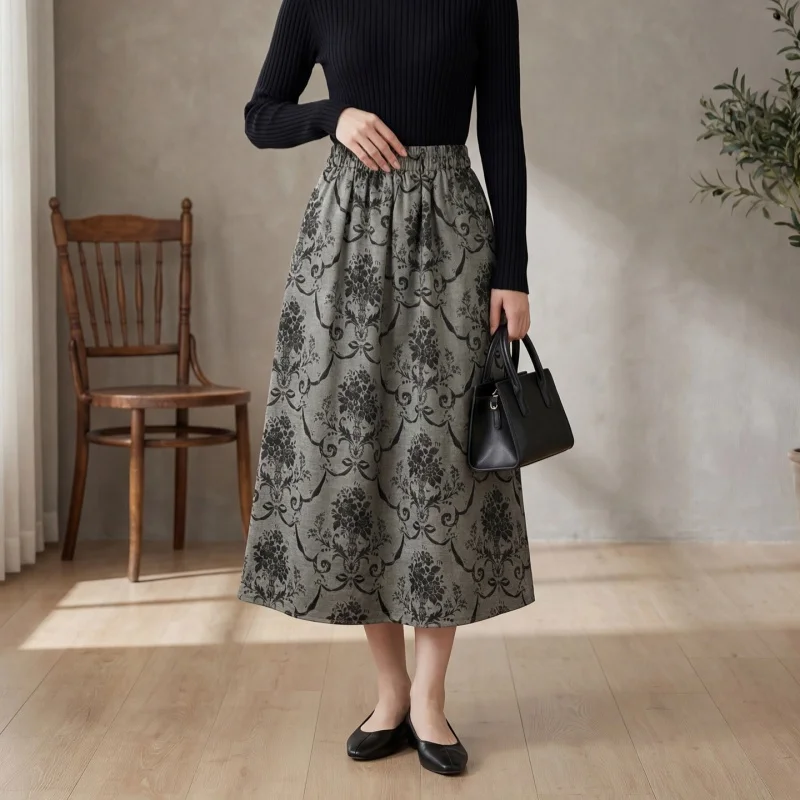 Birdtree, 100% Real Silk Printed Skirt, Chinese Style, Women's Rough Satin Retro Skirts, Elastic Waist, 2026 Spring New D64110JF