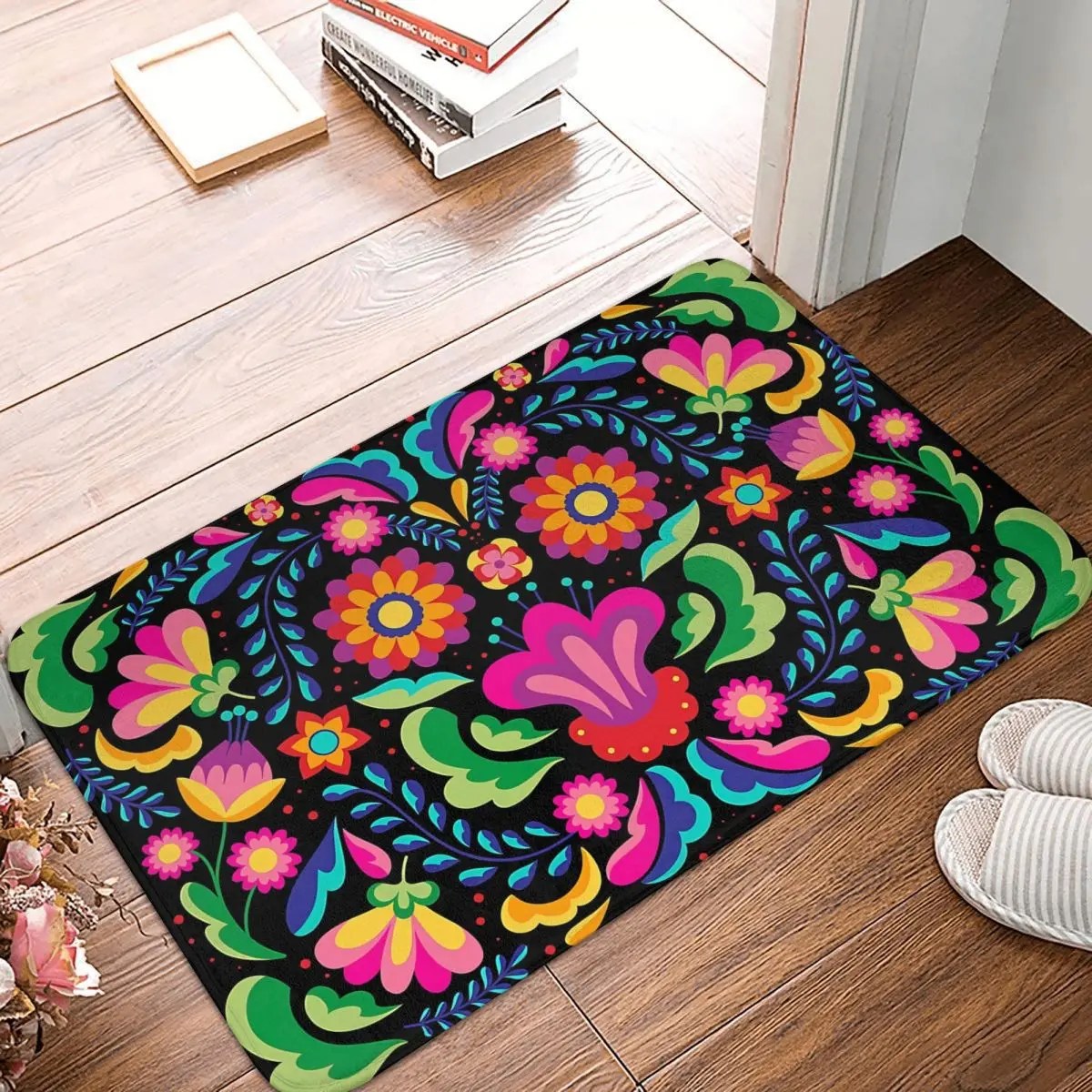 Mexican Day Of The Dead Bath Mat Flowers Waterproof Toilet Mat Kitchen Shower Room Non Slip Foot Mat Custom DIY Bathroom Rug