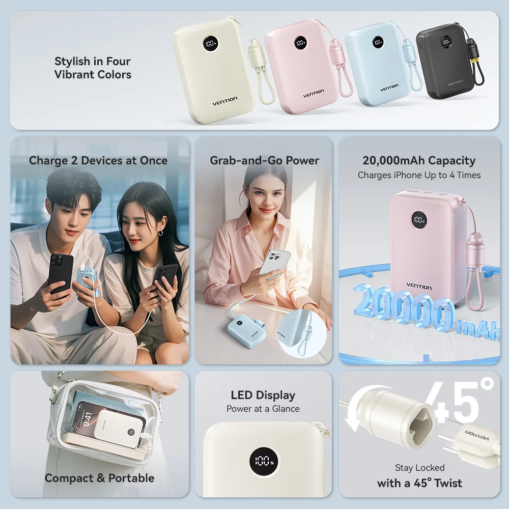 Vention Powerbank 20000mAh 22.5W شحن سريع بطارية مساعدة بنك الطاقة المحمول مع كابل USB-C آيفون سامسونج Xiaomi