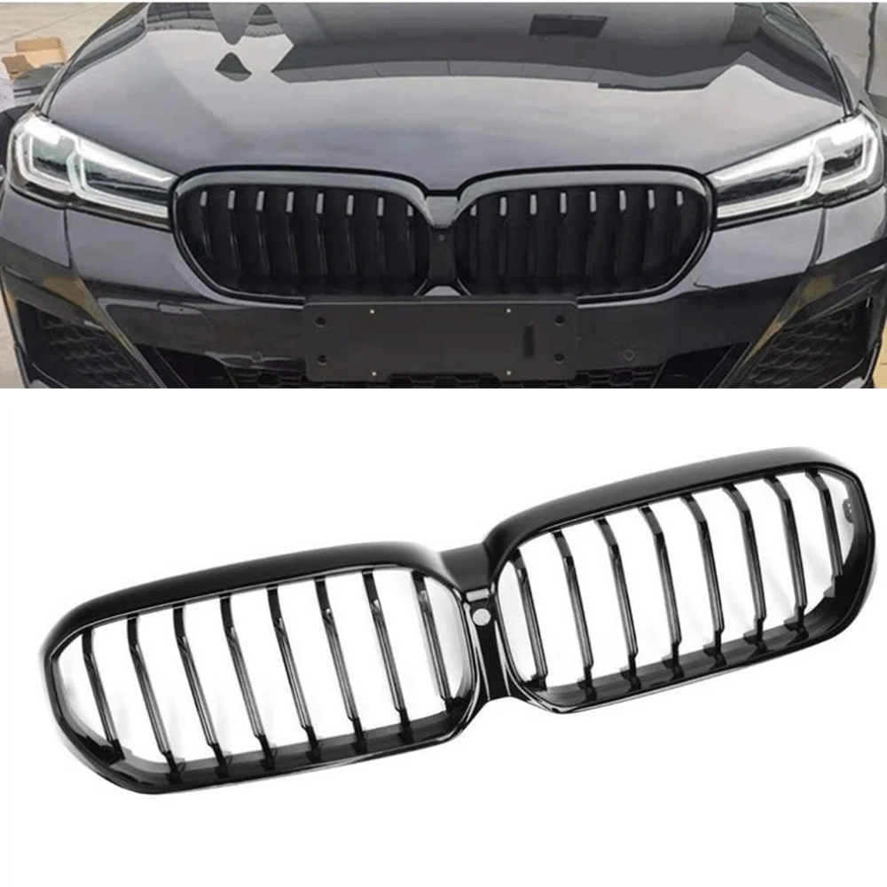 

For BMW 5 Series G30 G31 G38 2021-2022 Front Kidney Grille Grill With Camera Hole Black Vertical Bar Car Upper Bumper Hood Mesh