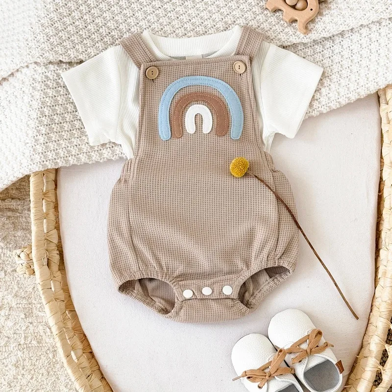 Newborn Baby Boys Clothing Summer Girls Set Rainbow Patch Overalls Romper Jumpsuit+Short Sleeved Shirt Clothes 2Pcs/Set