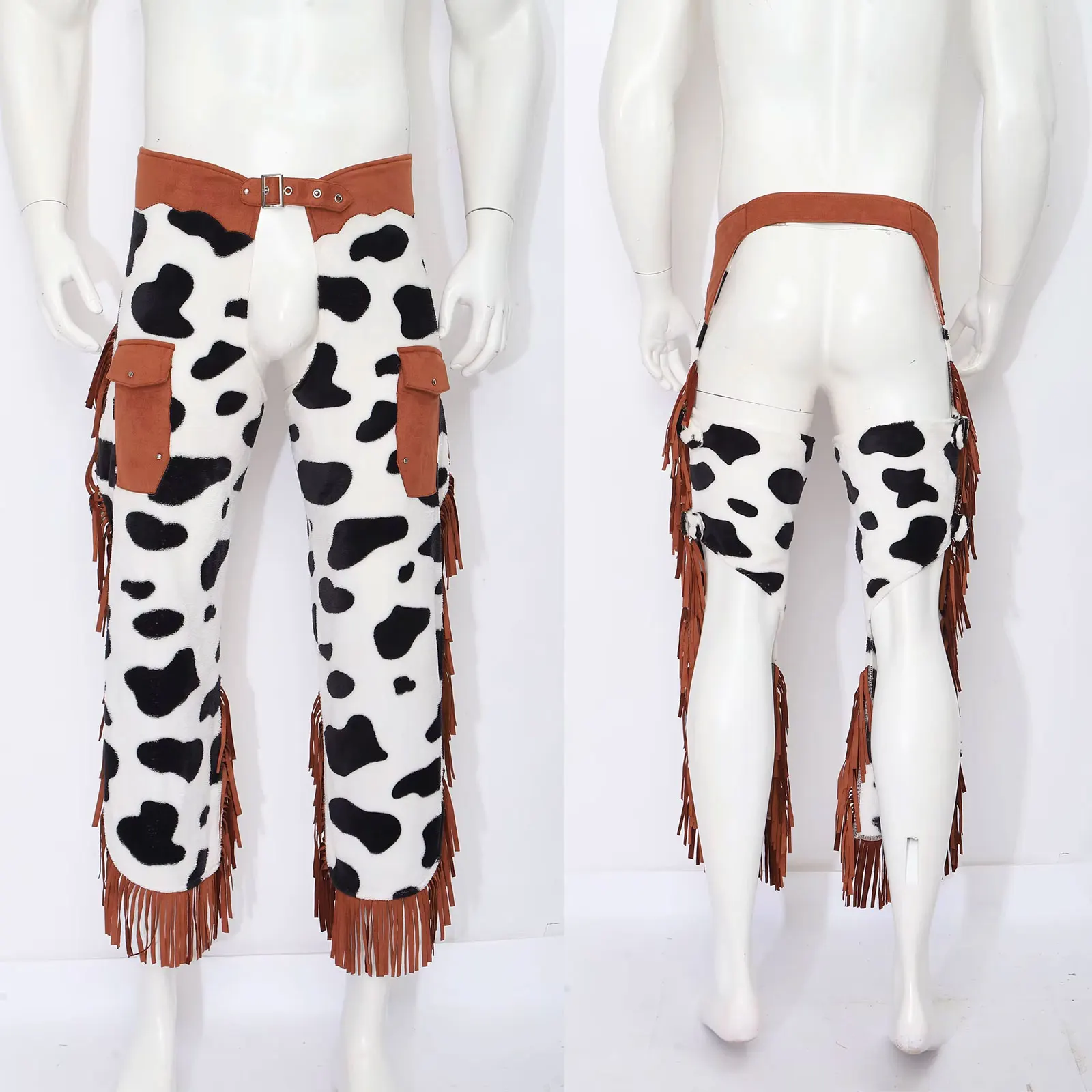Disfraz de vaquero del oeste para Halloween, para hombres, con pantalones tipo chaps de ante sintético, ideales para montar a caballo o en bicicleta, con flecos laterales y abertura en la entrepierna.