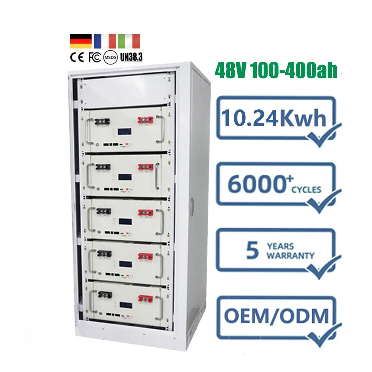 Smart BMS LiFePO4 10kwh 50 kwh 24V 48V 100Ah 200Ah 100Ah Batteria solare montata su rack per server agli ioni di litio