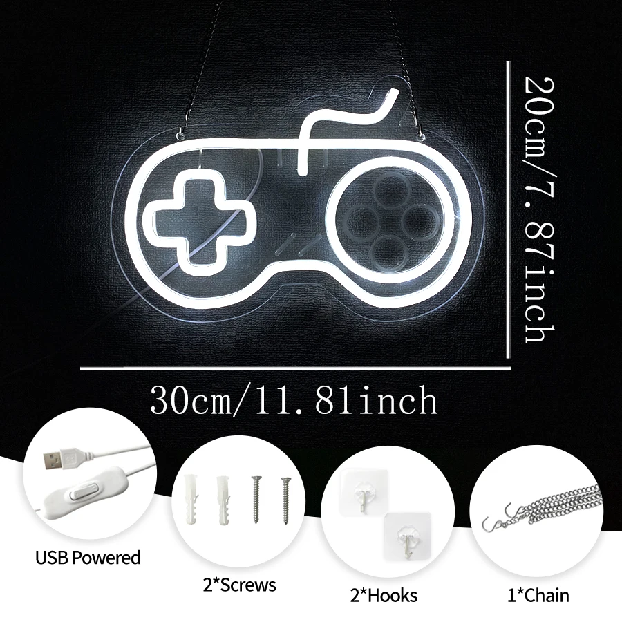 Game Controller LED Neon Light, USB Powered White Wall Neon Sign for Gaming Room Bedroom Home Decoration Gift for Boys Teens