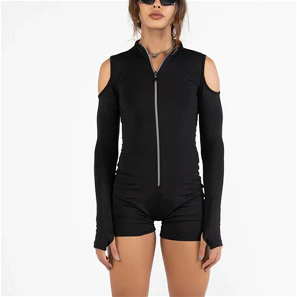 Mono negro Sexy Otoño/Invierno ajustado para mujer mono con cremallera acanalada sexy y2k ropa de manga larga de moda para mujer