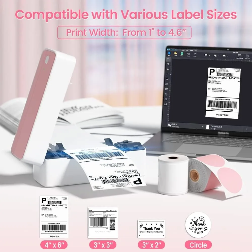 Bluetooth Thermal Label Printer, 241BT 4X6 Wireless Shipping Label Printer for Small Business, Pink Label Printer for Shipping