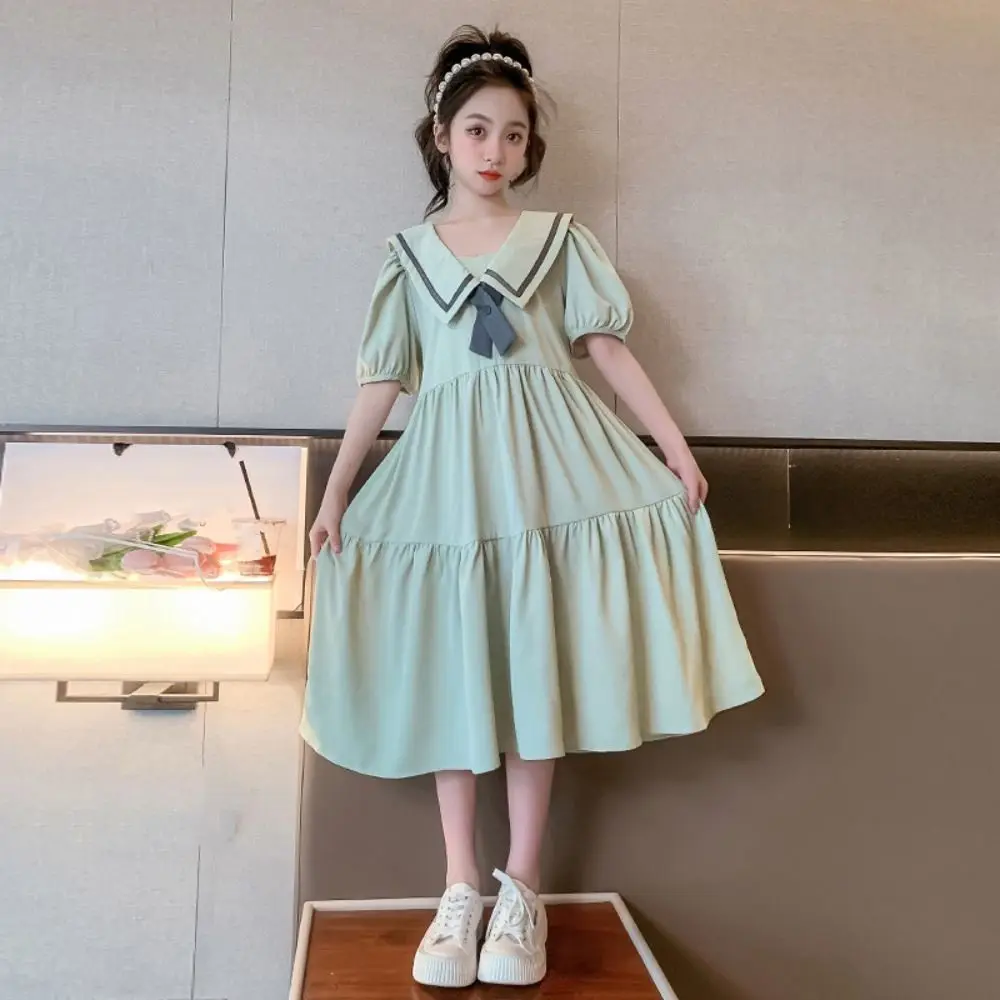 Robe de princesse à nœud papillon pour filles, ample, manches courtes bouffantes, robes pour adolescentes, Style Preppy, robe à bulles pour enfants, été
