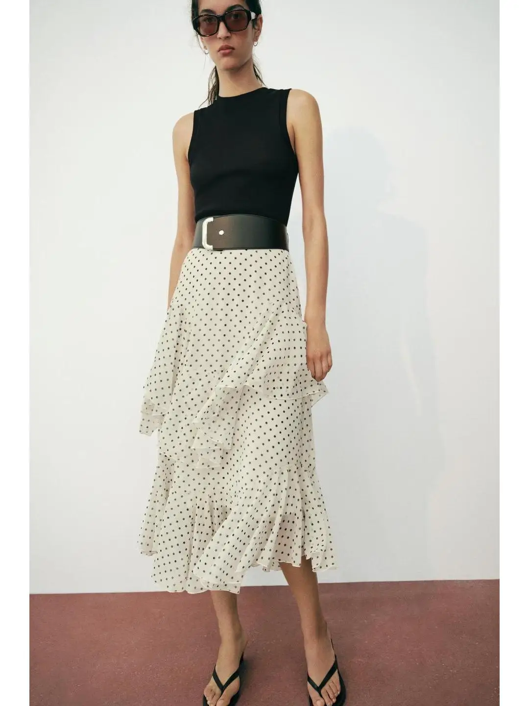 Casual Polka Dot Dress with Belt High Waist A-Line Skirt Design mid Stretch Soy Protein Wood Cotton Linen Blend Summer Fashion