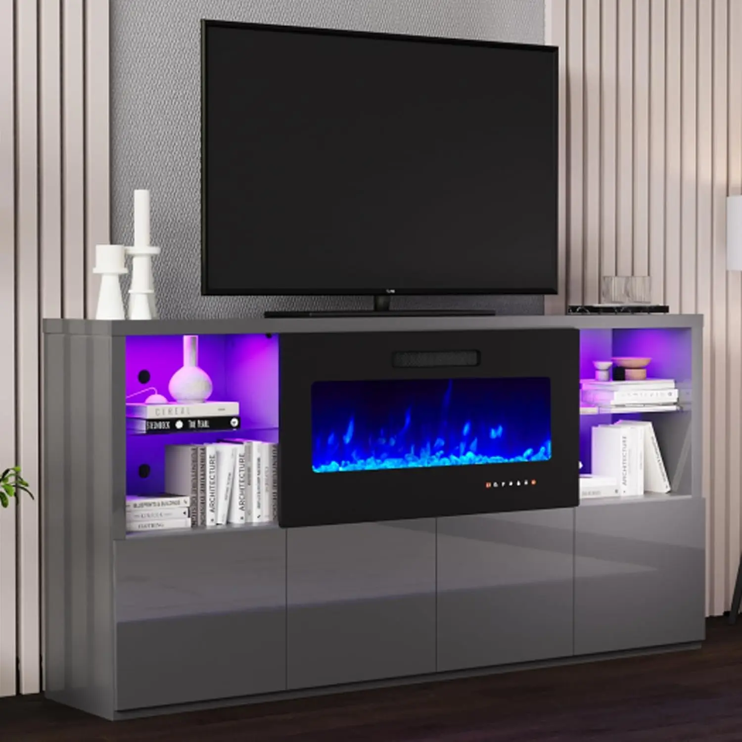 

AMERLIFE 68'' Fireplace TV Stand with 40'' Fireplace, Modern High Gloss Fireplace Entertainment Center with LED Lights for TVs u