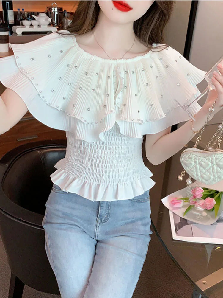 Summer Fashion Nail Bead Inlaid Diamond Sweet Lotus Leaf One-line Collar Slim Short Blouse Women\'s Tops