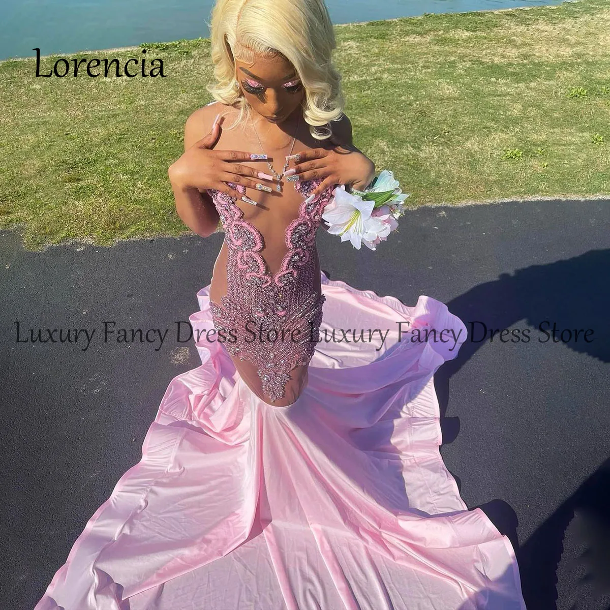 Vestidos de Fiesta largos de sirena con diamantes de imitación brillantes para niñas negras, sin mangas, Vestidos de Noche de cristal, vestido Formal de fiesta de noche