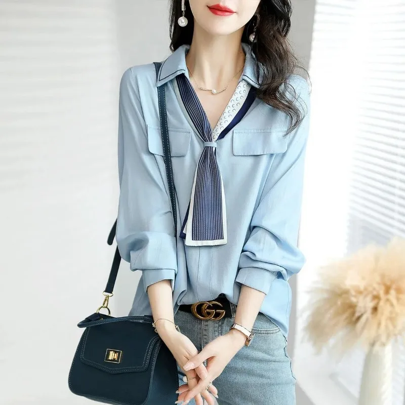 2024 Spring and Autumn New Elegant Women\'s Chiffon Shirt Fashion Long Sleeve Shirt Women\'s Inner Base Shirt Loose Blouse