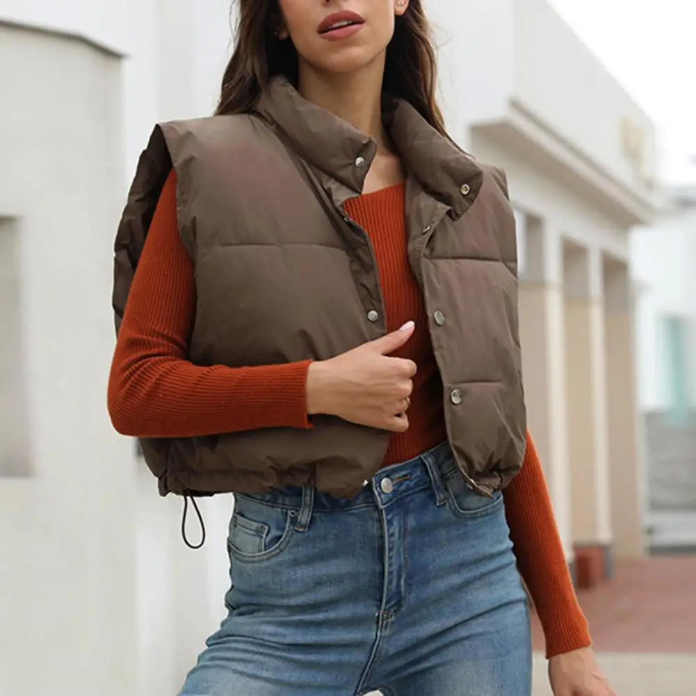 Cotton Padded Crop Top Women Winter Vest Short Sleeveless Jackets Ladies Waistcoat Stand Collar Zipper Cotton Thick Vest Coat