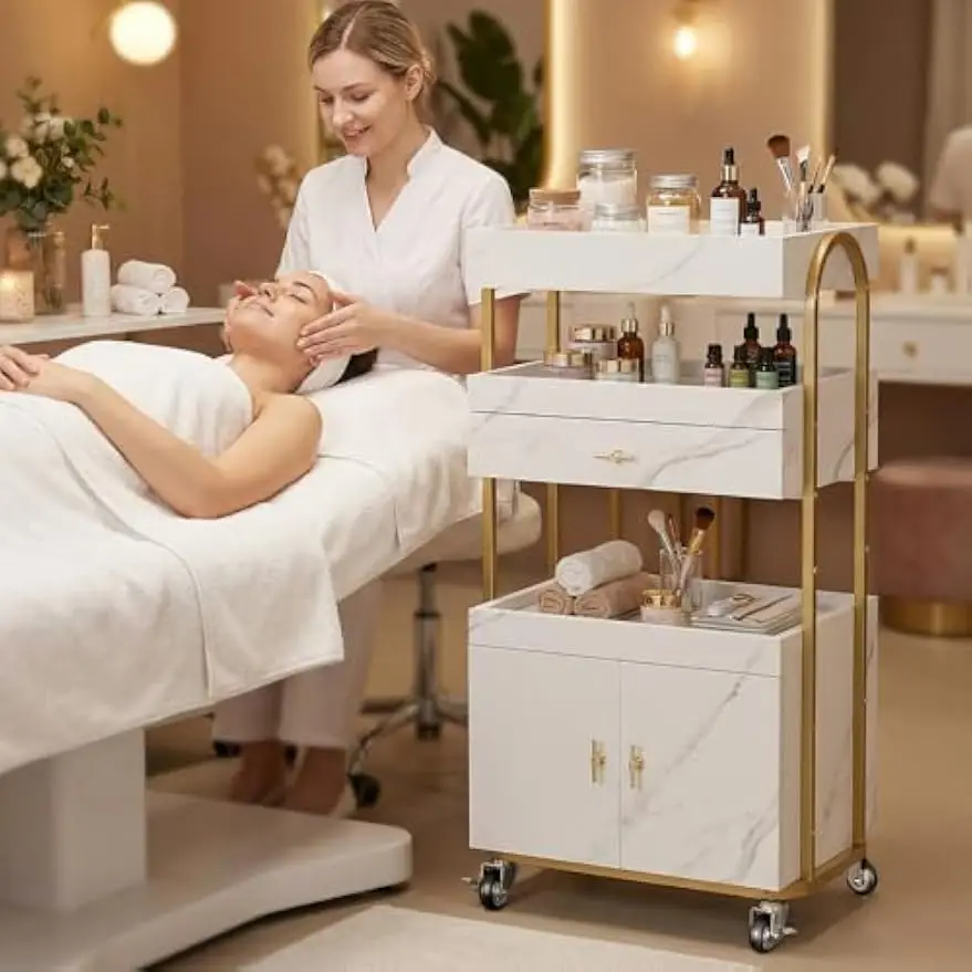3 Tier Salon Utility Cart Drawer Cabinet Gold Esthetician Storage Trolley Beauty Spa Barbershops