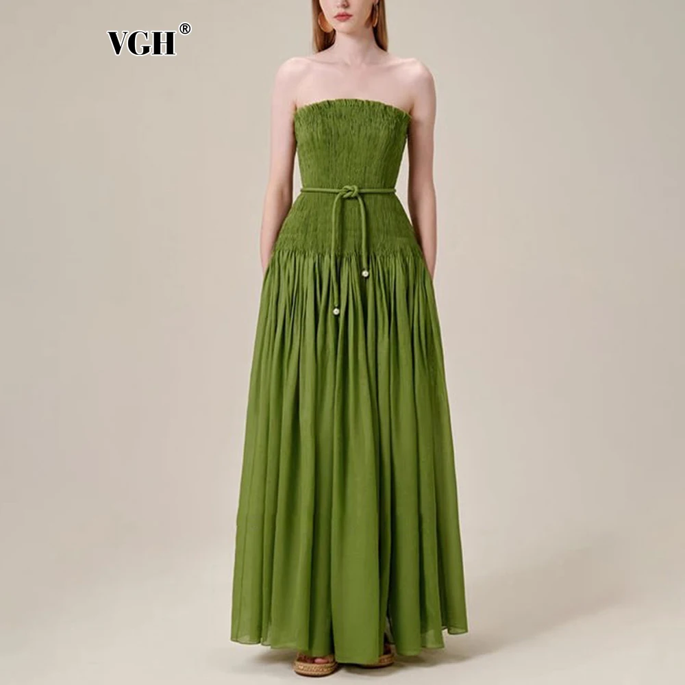 

VGH Elegant Spliced Lace Up Forest Style Dress For Women Strapless Sleeveless Backless High Waist A Line Long Dresses Female New