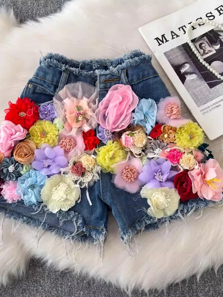 컬러 꽃 데님 반바지 패션 Y2k 스트리트 청바지 2025 여름 새로운 높은 허리 슬리밍 섹시한 향신료 소녀 넓은 다리 핫 바지 여성