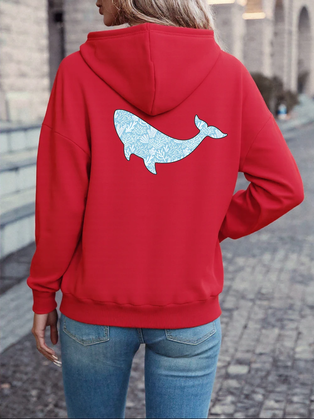 سويت شيرت نسائي بقلنسوة من القطن بتصميم الحوت المستوحى من المحيط مثالي للخريف والشتاء للنزهات اليومية وعشاق الطبيعة #2