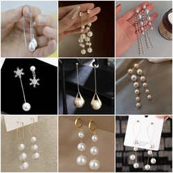 Trendy Pearl Long Earrings for Women Elegant Wedding Party Crystal Flower Star Tassel Round Drop Earrings Statement Jewelry Gift
