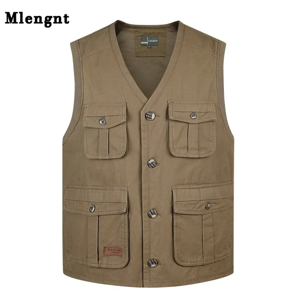 

Summer Multi Pocket Men Vest Cotton Button Sleeveless Jacket With Many Pockets Thin Comfortable Khaki Army Green Tool Waistcoat