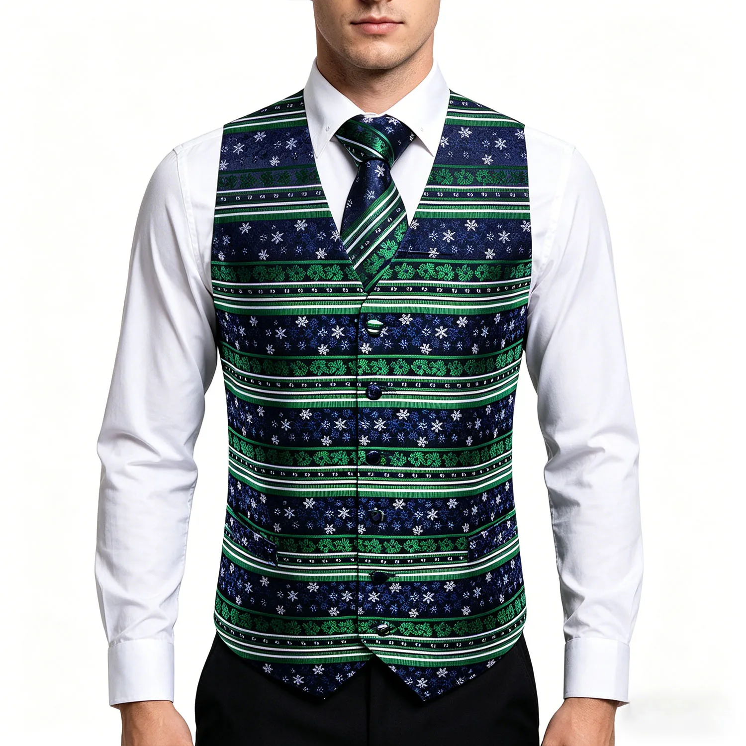 Mens Red Green Christmas Snowflake Vest Party Wedding Floral Waistcoat Pocket Square Tie Suit Set