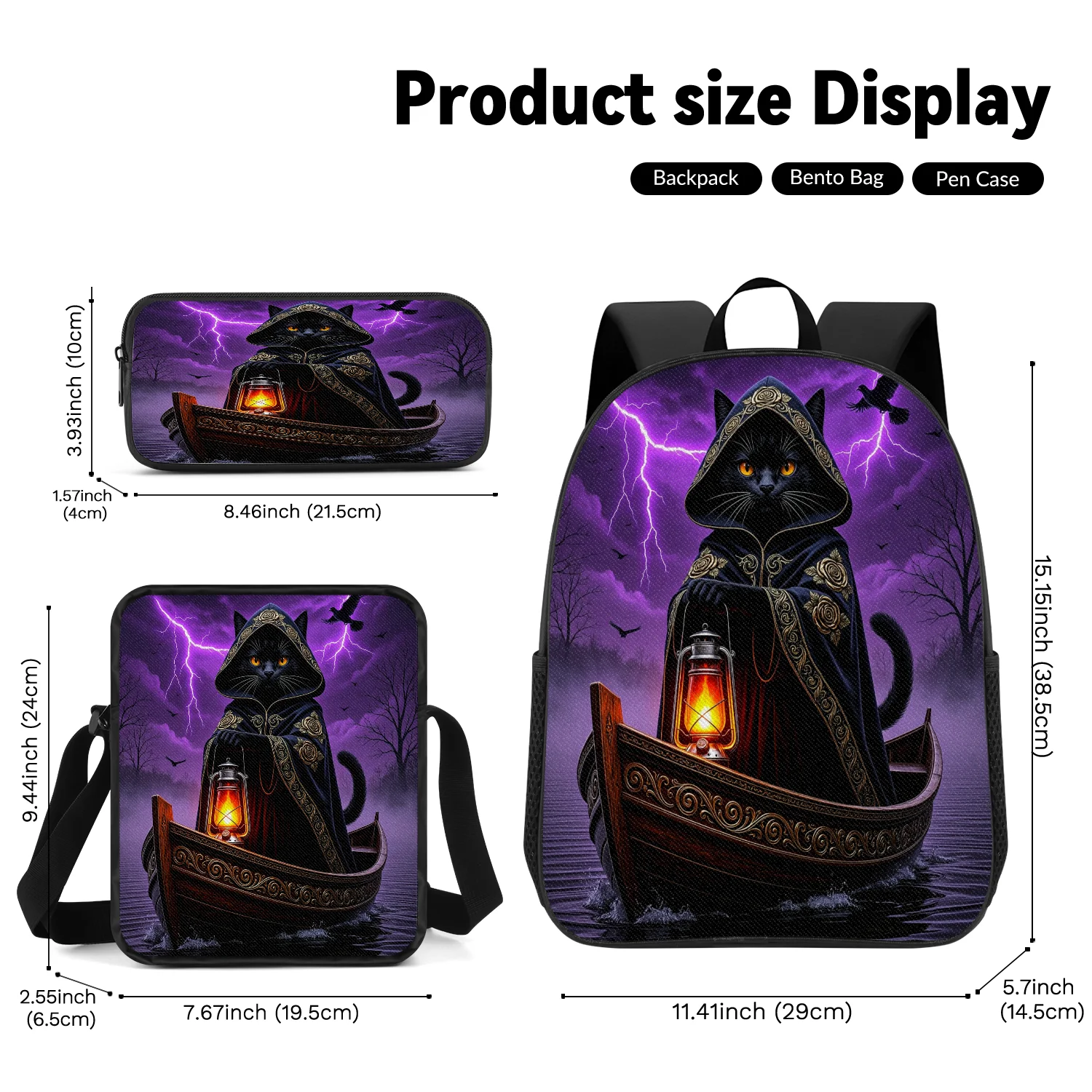 3-Piece Mystic Black Cat Print Backpack Set, Includes Backpack, Crossbody Bag and Pencil Case, Lightweight Unisex