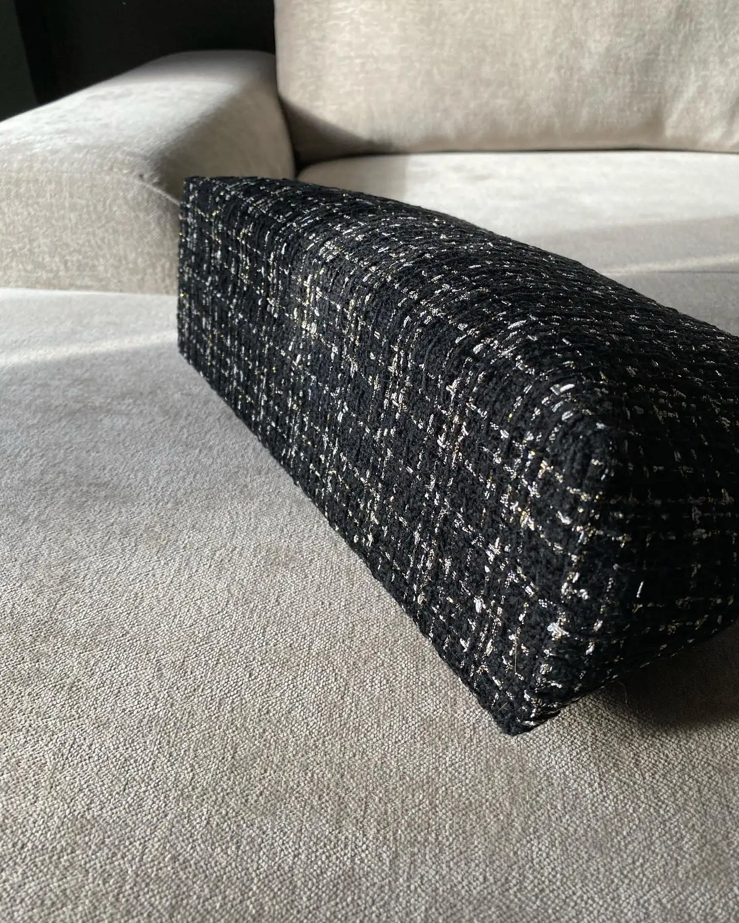 Lost In Vintage Black Tweed Fabric Purse Multiple Ways Handbag or Shoulder Bag Metal Frame Kiss Lock Evening Clutch 33x25x10cm view 3