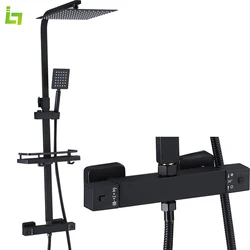 Black Thermostatic Shower Faucet Set Rainfall Multiple Types All Metal Bathtub Tap With High Spray Bathroom Fauct