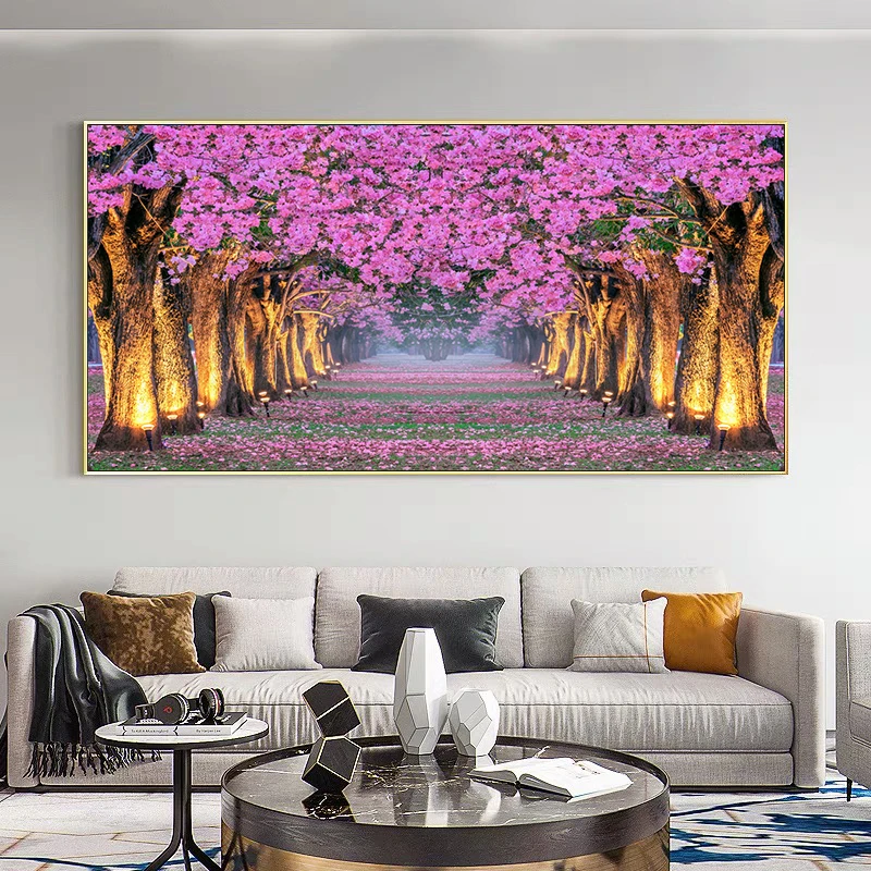 Modern Yellow Golden Tree Path Posters Cherry Blossoms Canvas Painting Wall Art Forest Path Pictures Room Wall Decor No Frame