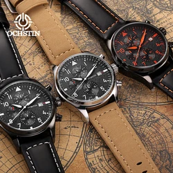 OCHSTIN Authentic Waterproof Sports Men's Watch Three-eye Calendar Quartz Watch Fashion Leather Belt Male Casual Wirstwatch