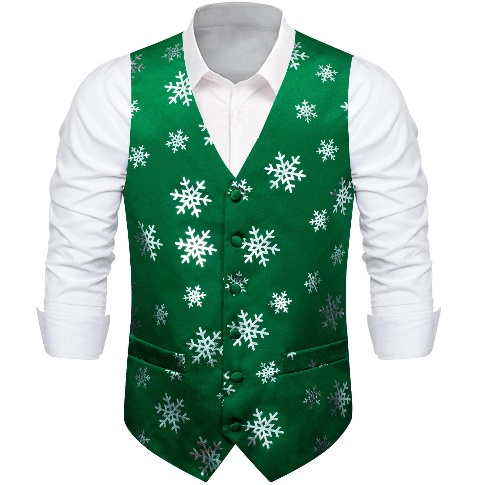 Snowflake Print Christmas Green Silk Vest Fashion Party Waistcoat for Men Clothing DiBanGu