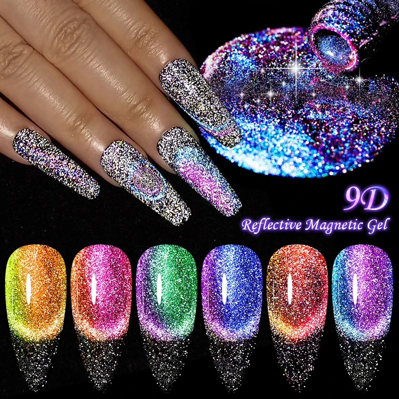 MEET ACROSS 7ml Cat Magnetic Gel Nail Polish Set Glitter Rainbow Sparkling Magnetic Gel Polish Kits DIY Nail Art Vernis Manicure