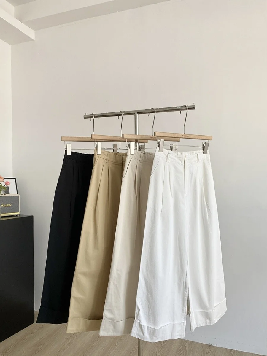 Spring 2025 Women's Loose Wide Leg Pants Elastic Waist Cuffed Pure Color Casual Trousers Fashionable Commute Style Long Pants