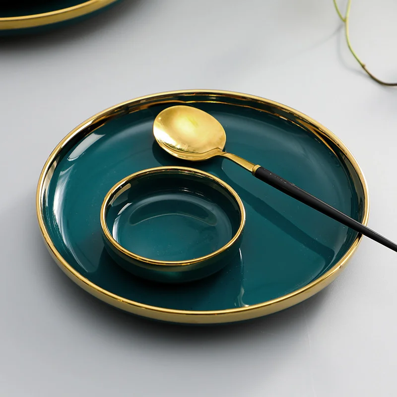 Gold Edged Green Dinner Plates Rice Bowls Soup Noodles Bowl Spoon Tableware