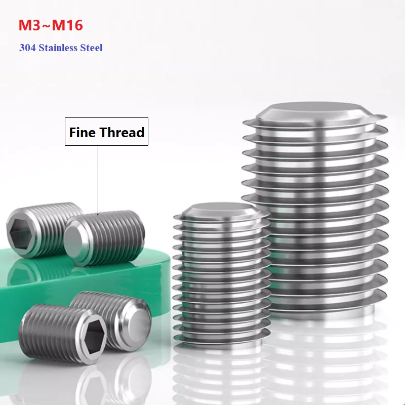 DIN913 304 Stainless Steel Thread Grub Screws Flat Point Hexagon Socket Set Screws Headless M3-M16 Fine Thread Pitch 0.35To1.5mm