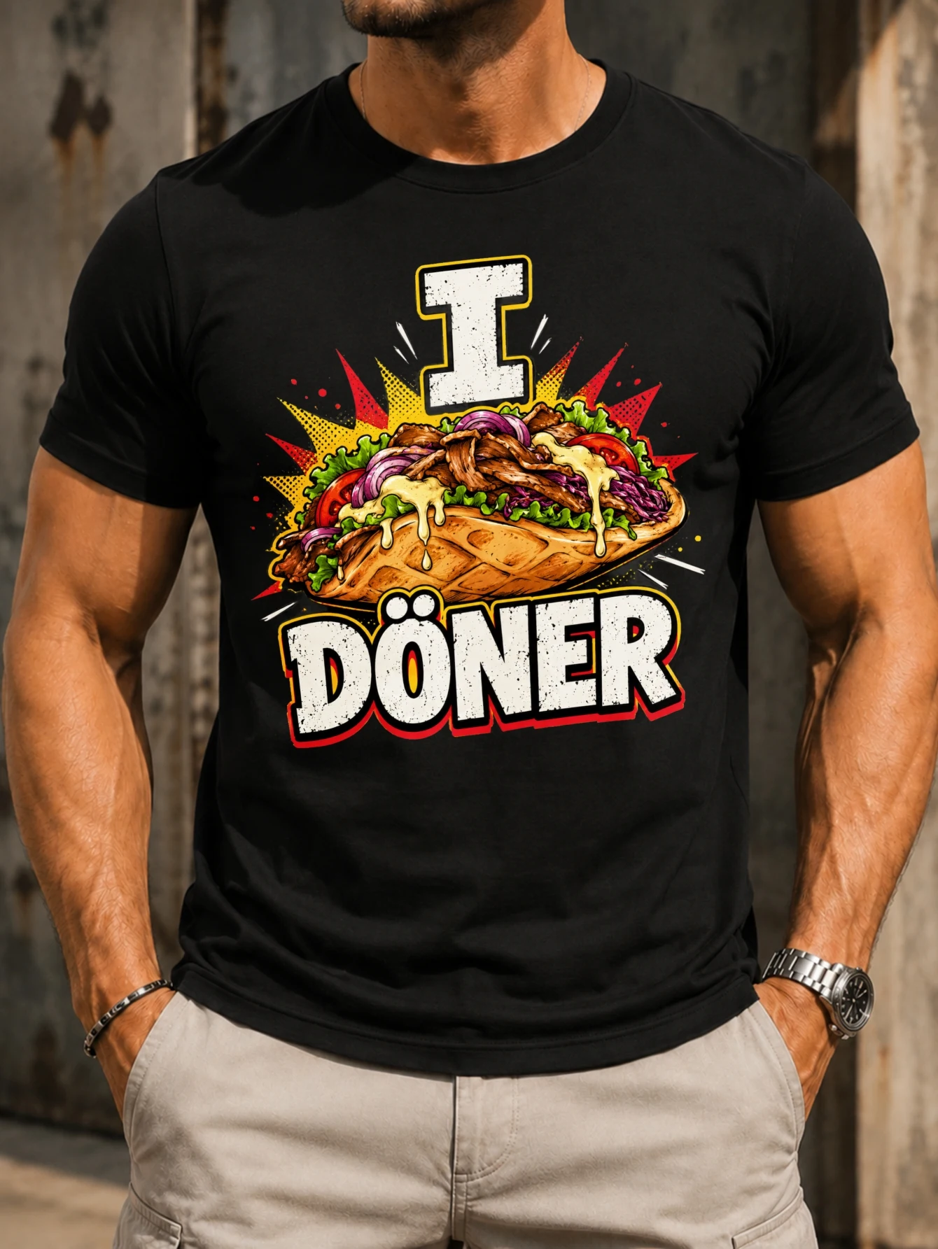 I Love Doner comic pop kebab wrap with red yellow burst effects and distressed bold lettering fun  Unisex All T-Shirt