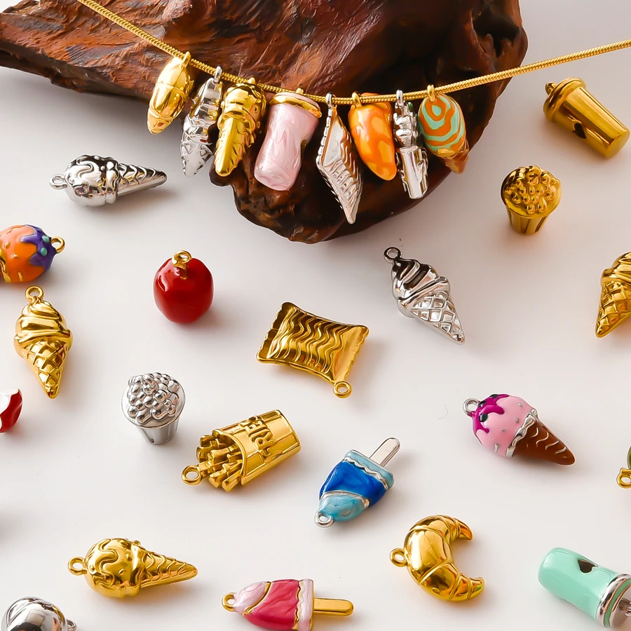 8Pcs Stainless Steel 3d Popcorn French Fries Hamburger Pendant Cute Ice Cream Cake Croissant Charms Bisutería Materiales Making