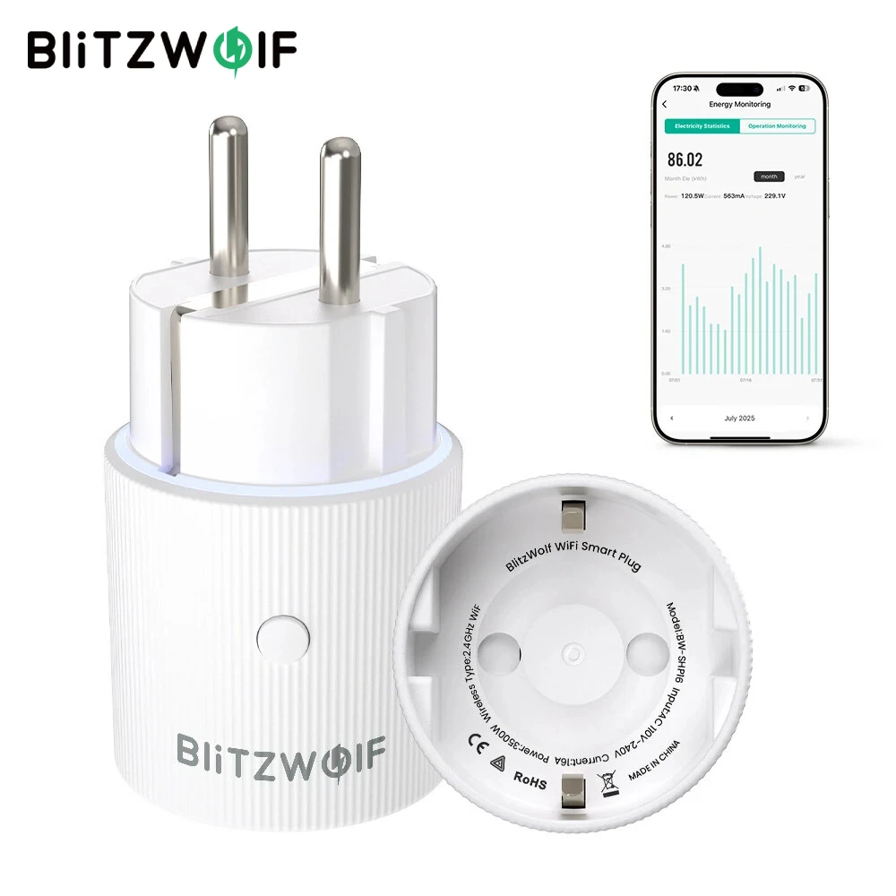 

10 шт. BlitzWolf BW-SHP16 16A 3500 Вт Wi-Fi умная розетка с RGB-подсветкой, мониторинг энергии, приложение для сбоя питания и голосовое управление