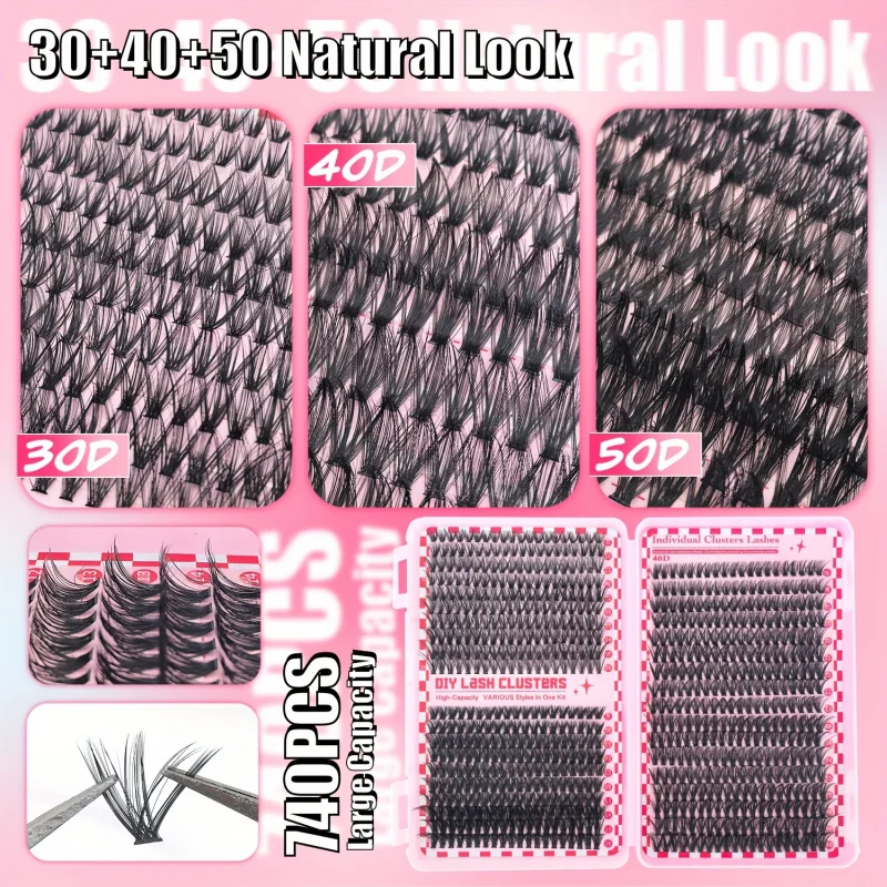 طقم تمديد الرموش 740/200pcsCluster، 2 في 1 لاش بوند، ملاقط، مزيل الرموش، مجموعات مزيج 30D+40D+50D 9-16 مم للمبتدئين