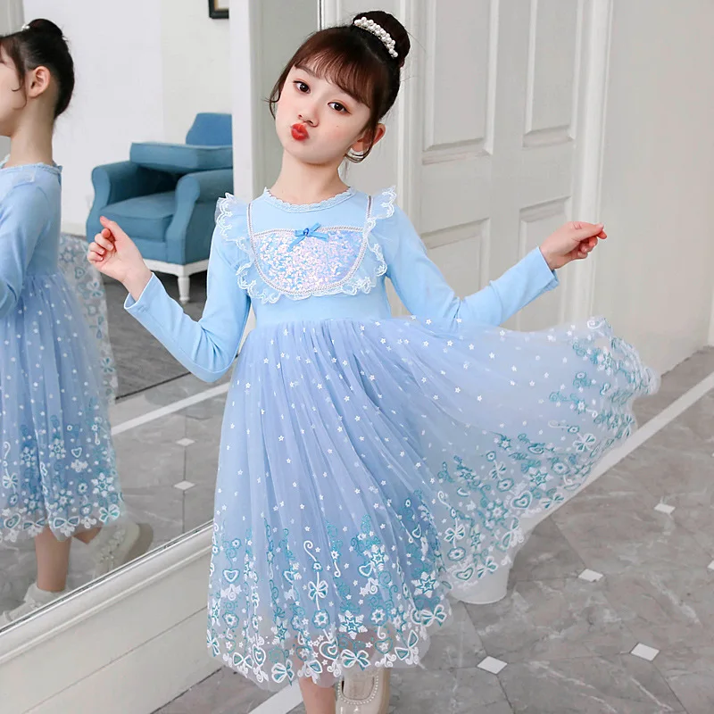 

Girls' Princess Dress Autumn New Girls' Dress Mid-Length Mesh Printed Puff Dress