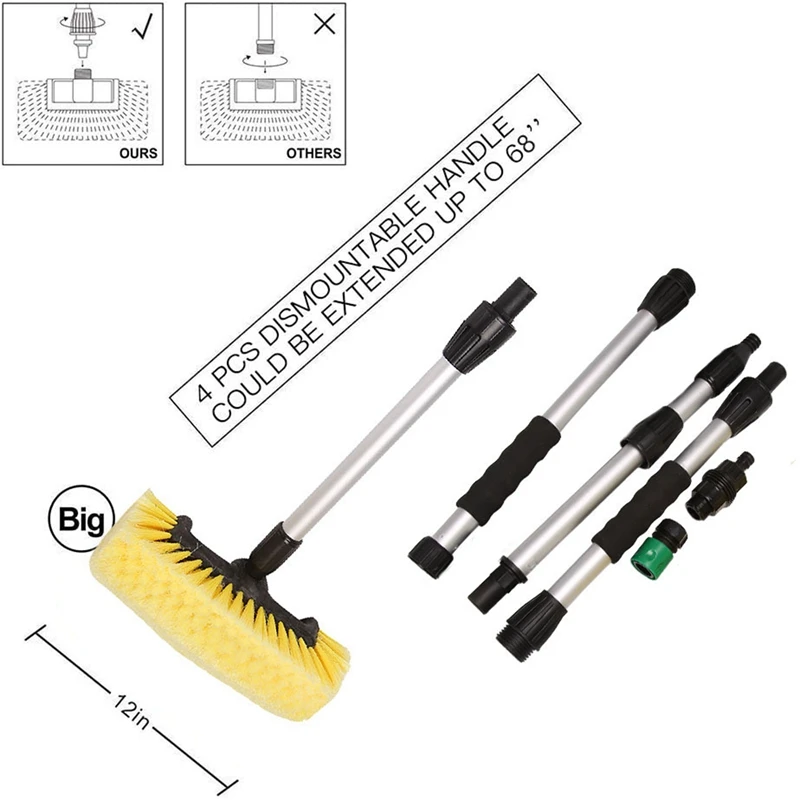 Car Wash Brush With 11Inch Lock Type No Loose No Rotate Soft Bristle Brush And 68 Inch Dismountable Pole With On/Off