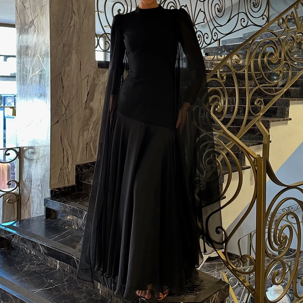 

Customized A-line Evening Dresses Floor-length High-neck Full Sleeve Prom Gown Simple Fashion Stole Draped Casual Party Gown