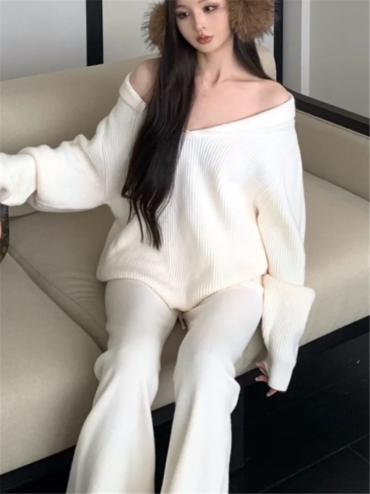 Black Grey Beige New Fall Women 2 Pieces Knitted Sets Lazy Style V Neck Off Shoulder Loose Sweater&High Waist Flare Pants Suits