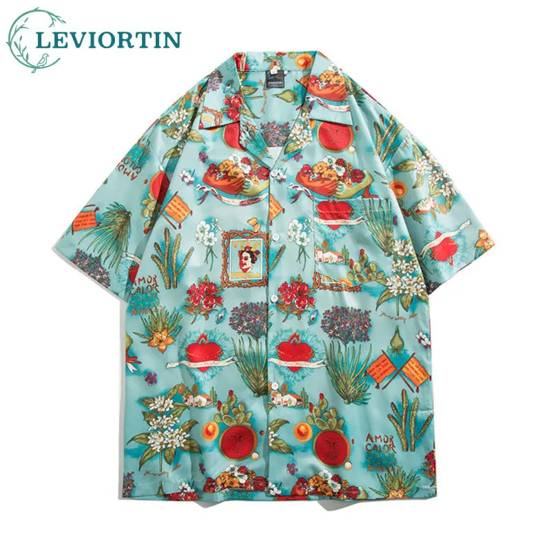 Men Short Sleeve Shirts Y2K Vintage Harajuku Flower Print Streetwear Summer HipHop Retro Hawaiian Holidays Man Loose Tops Shirts