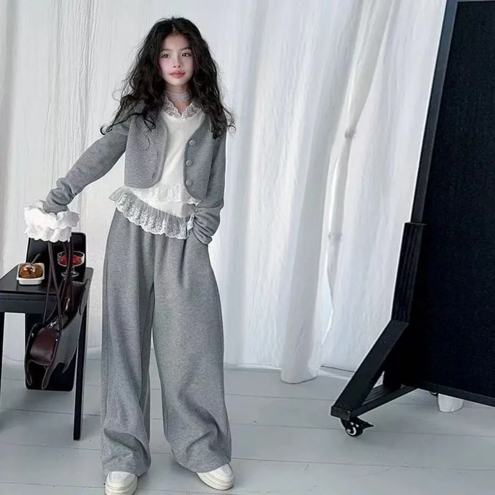 

2pcs Set 2026 Spring Girls Clothes Children Suit Teenager Cardigan Jacket Crop Top + Wide leg Pants 4 5 8 9 10 11 12 Year